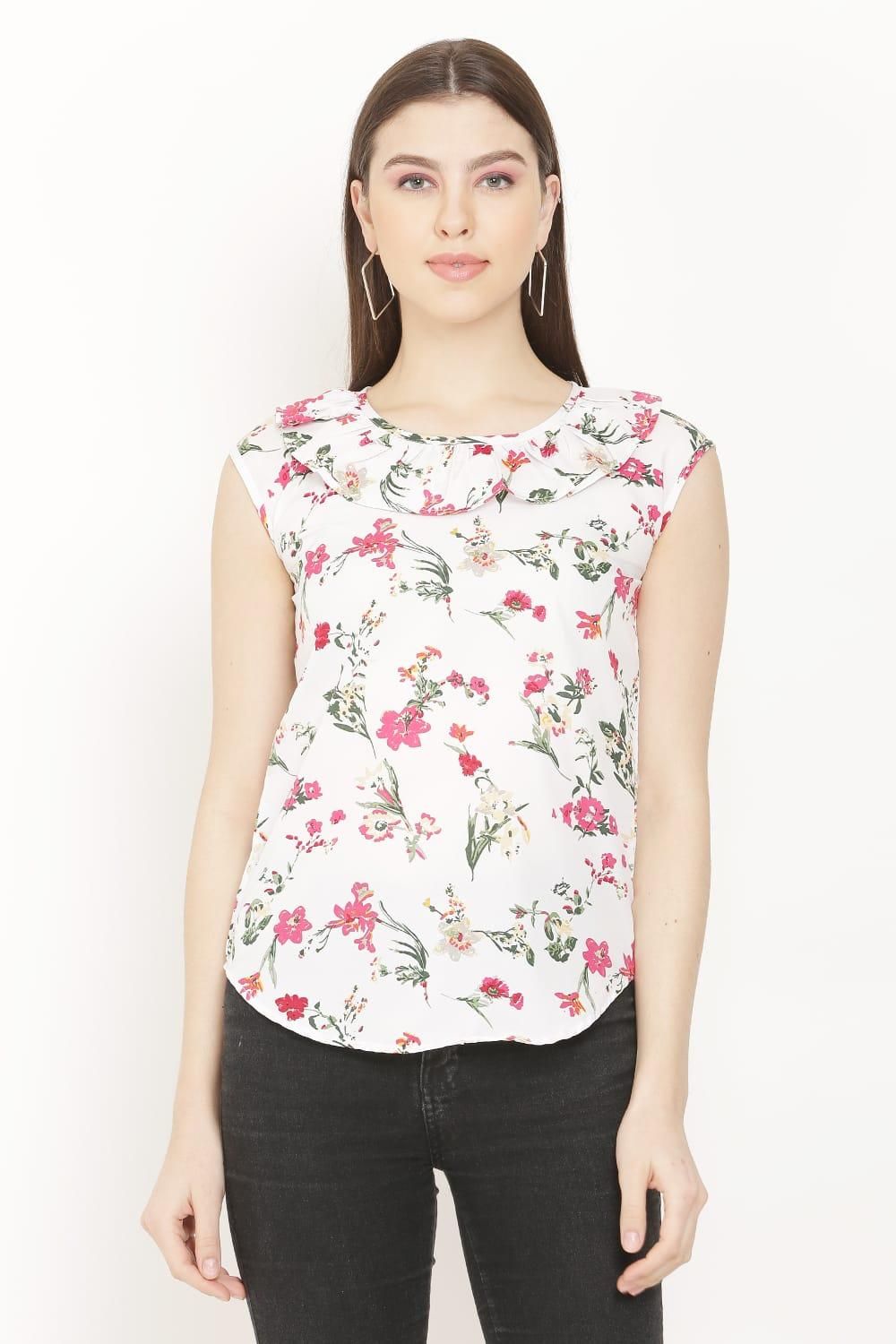 Women's Crepe Floral Print Cap Sleeves Top Roposo Clout