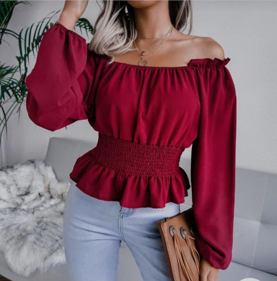 Women's Crepe Solid Drop Waist Off Shoulder Top Roposo Clout