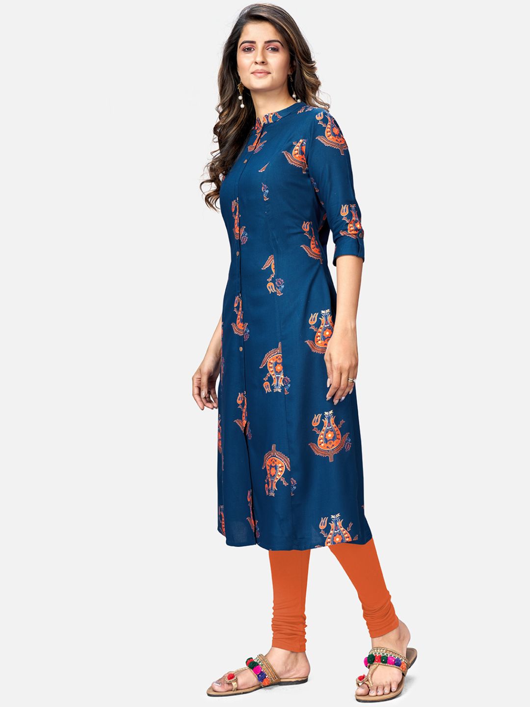 Vbuyz Women's Foil Printed A-Line Rayon Blue Kurta Roposo Clout