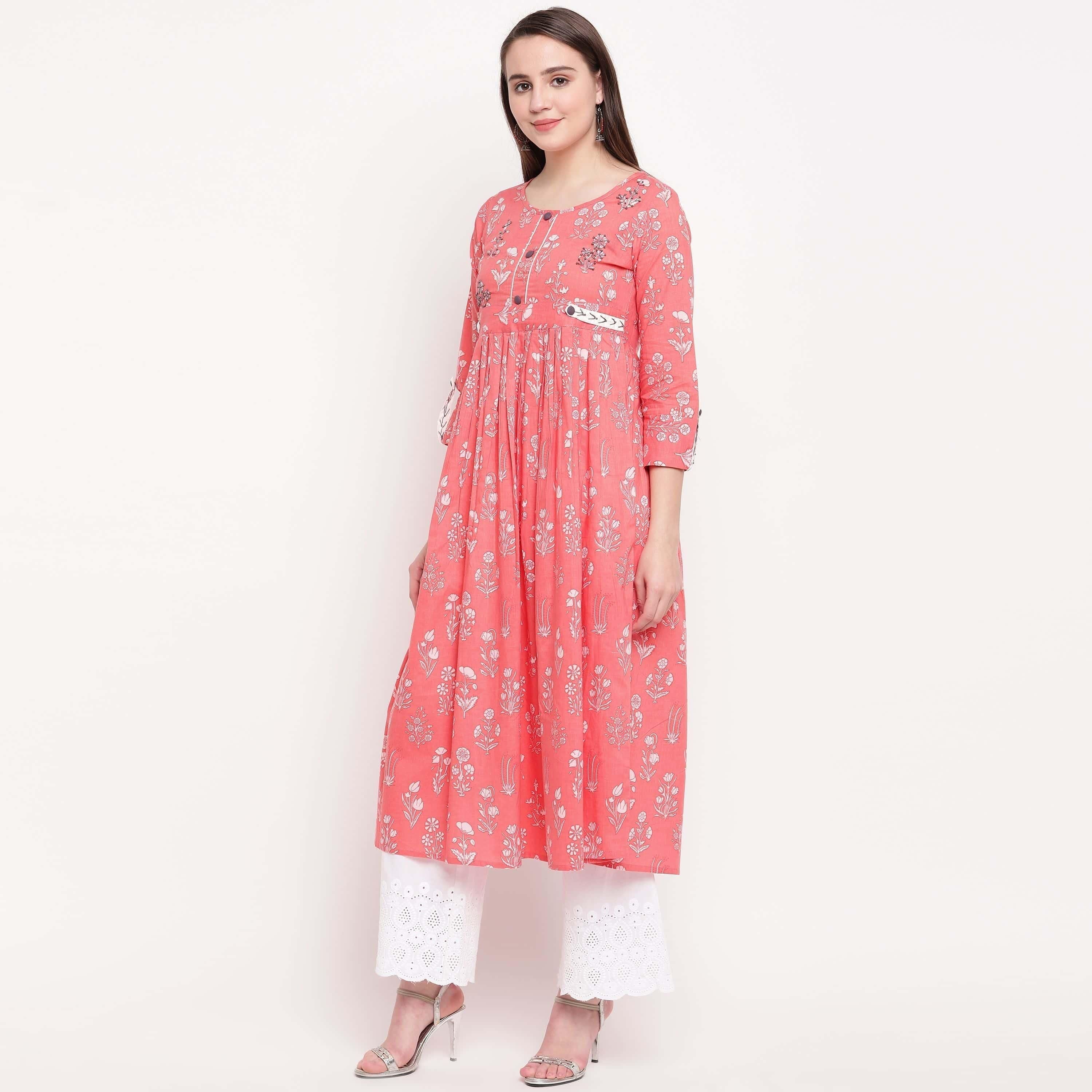 Vbuyz Women's Printed Anarkali Cotton Light Pink Kurta Roposo Clout