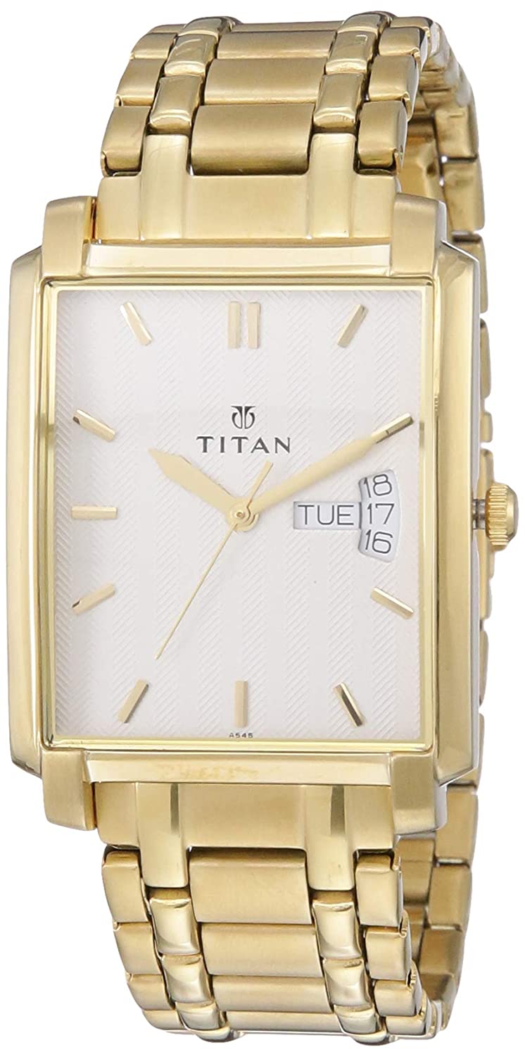 White Dial Stainless Steel Golden Watch for Men with Day and Date Function Roposo Clout