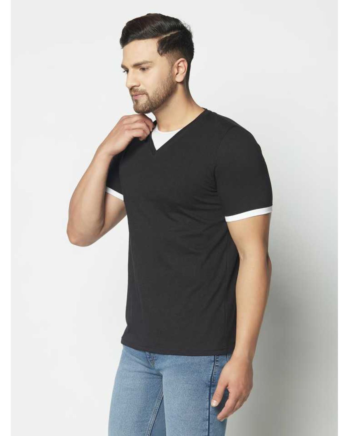 Solid Half Sleeves V-Neck T-shirts For Men's Roposo Clout