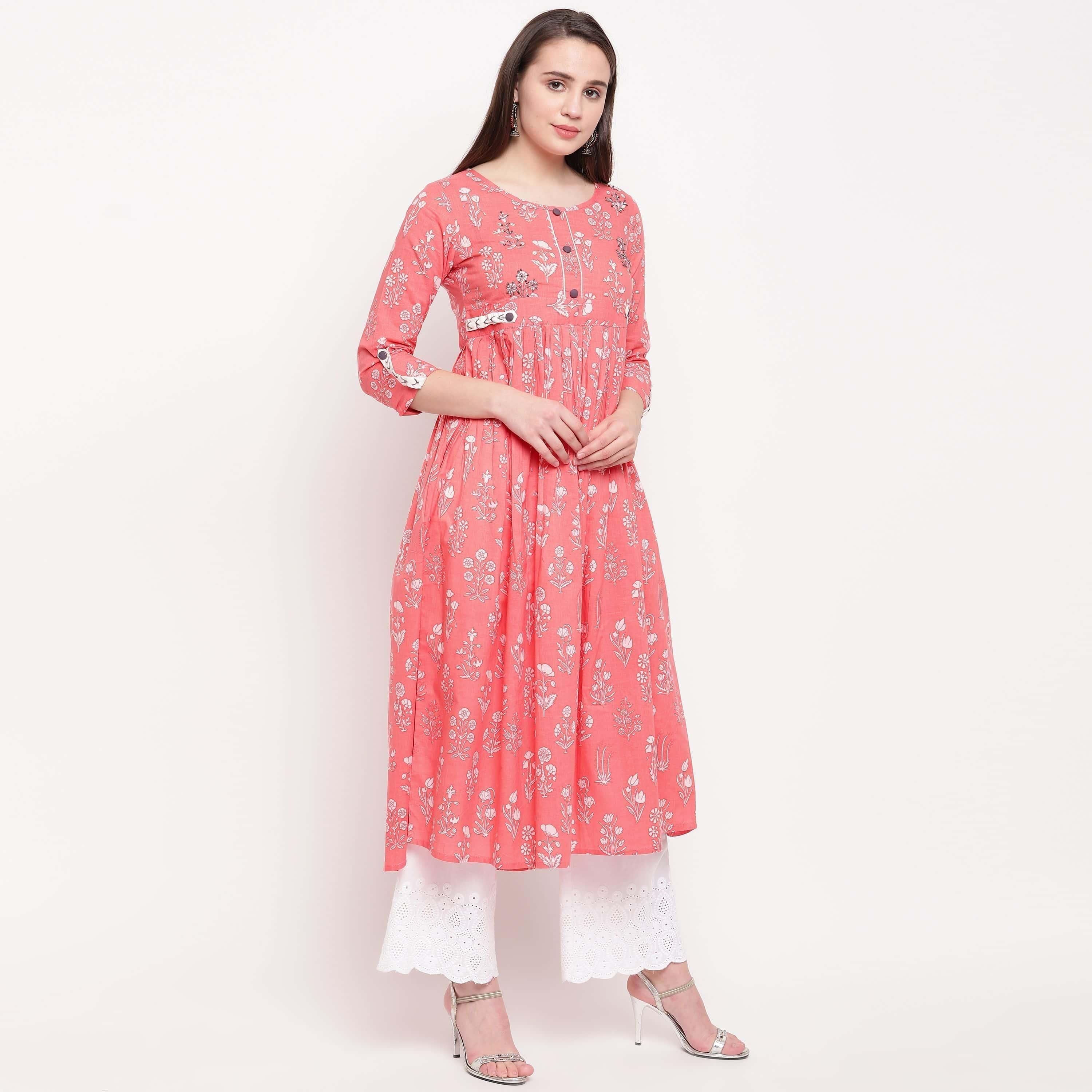 Vbuyz Women's Printed Anarkali Cotton Light Pink Kurta Roposo Clout