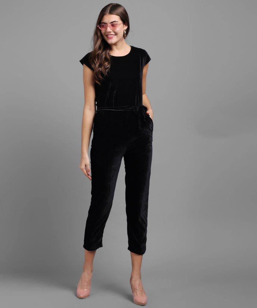 Women's Velvet Solid Jumpsuit Roposo Clout