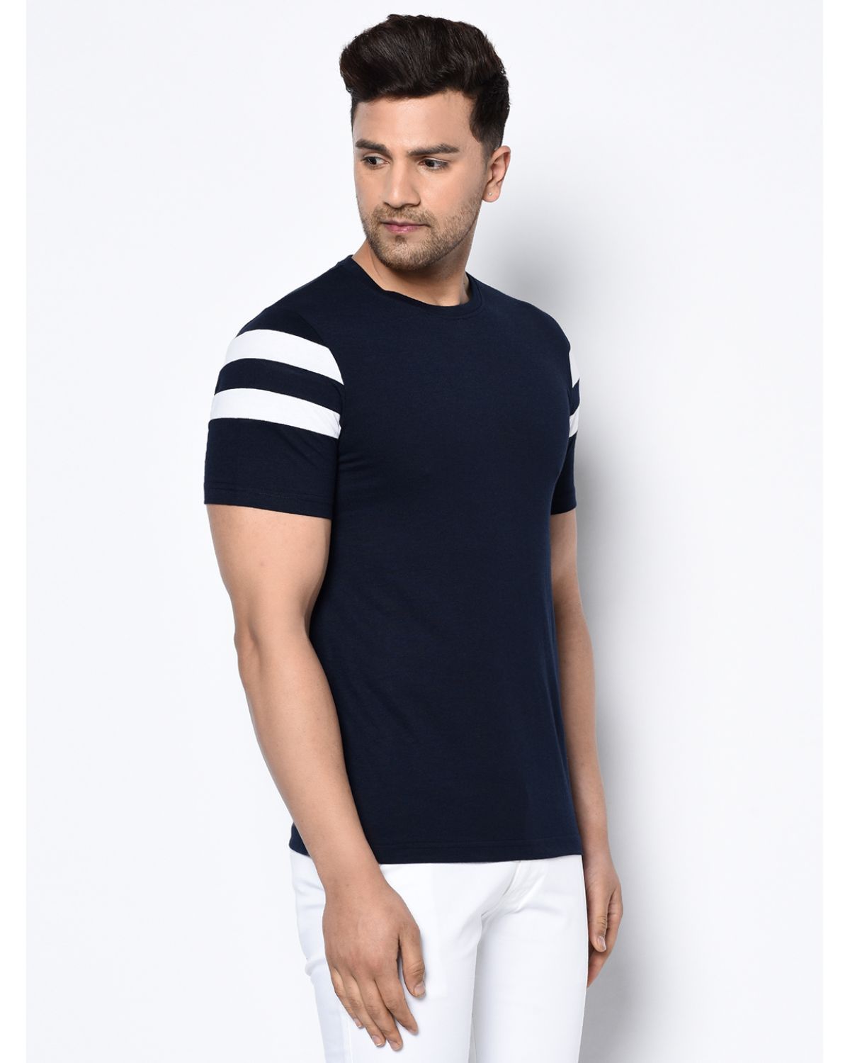 Striped Print Half Sleeves Round Neck T-shirts For Men's Roposo Clout