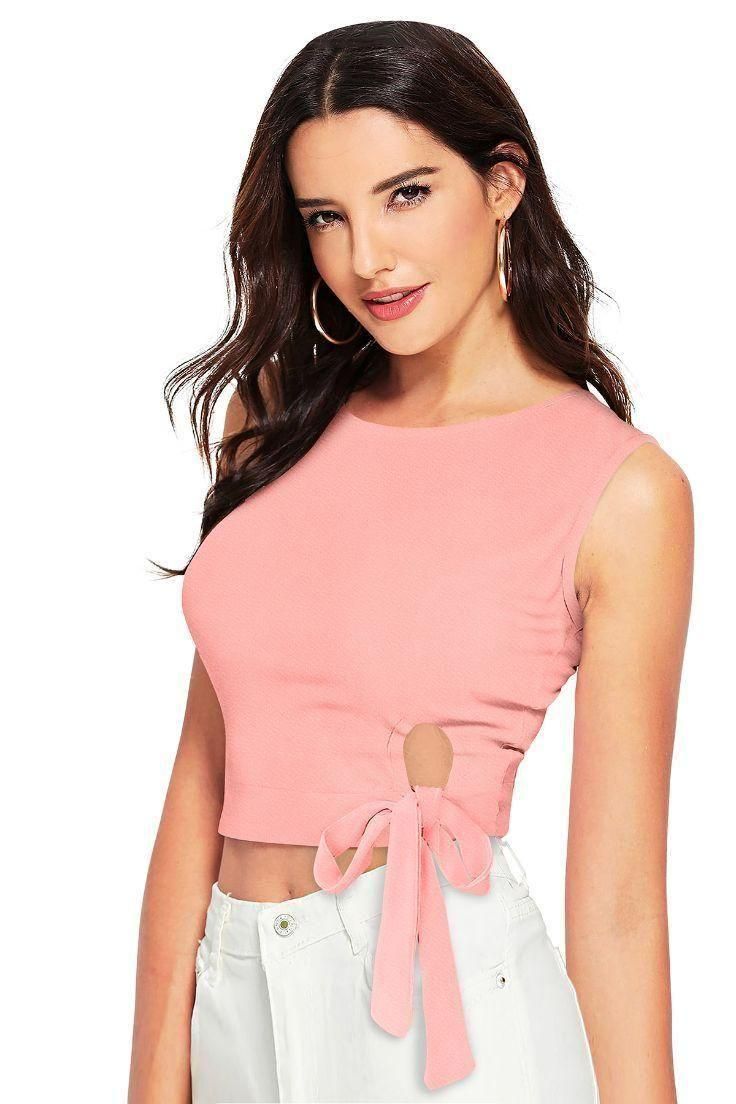 Women's Polyester/ Knitting Solid Tie-Up Crop Top Roposo Clout