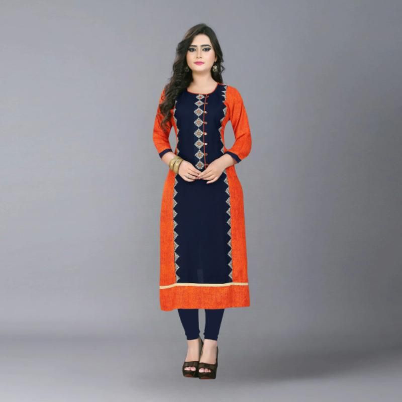 Buys Women's Orange, Blue Color Rayon Straight Kurta Roposo Clout
