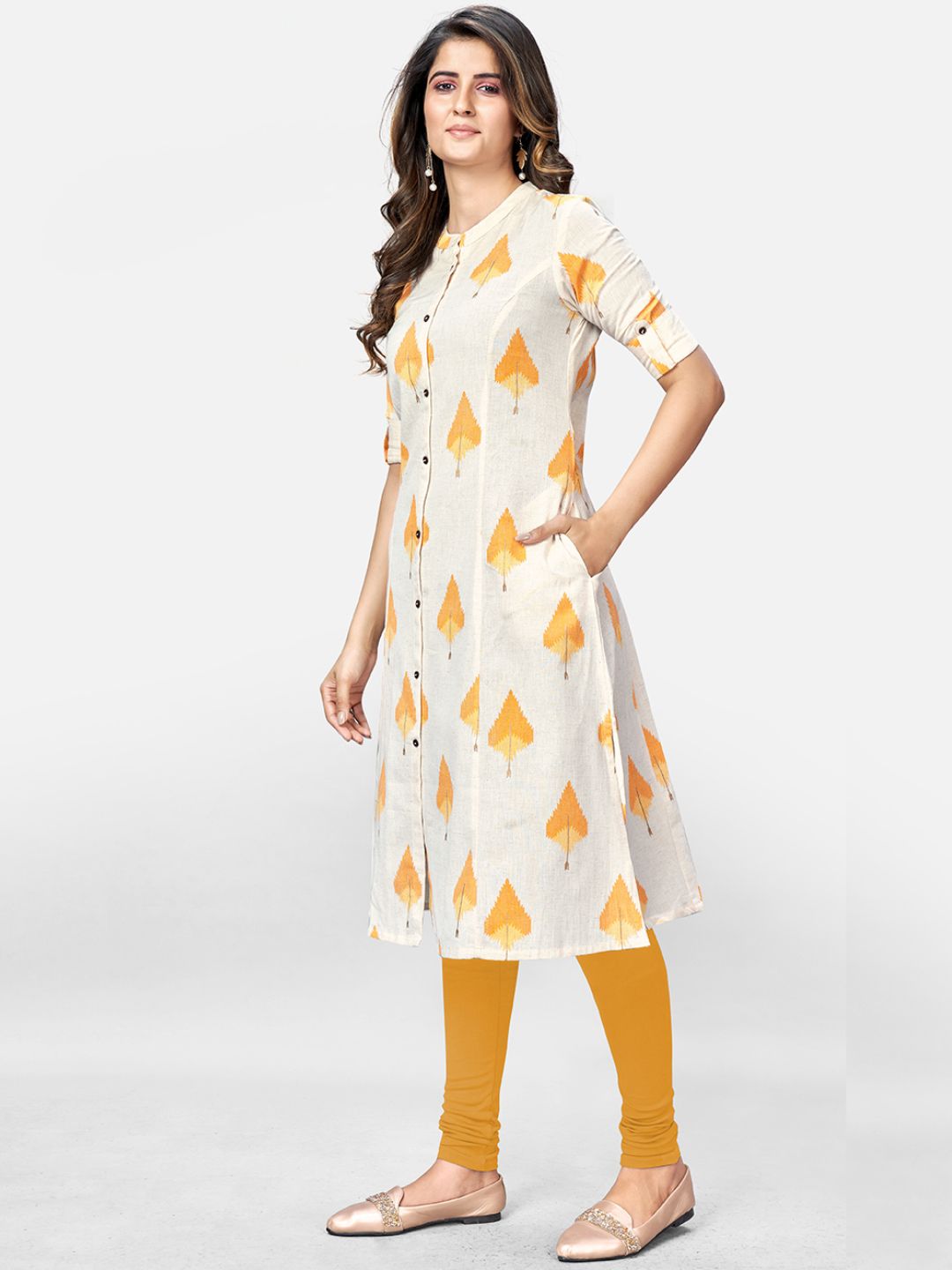 Vbuyz Women's Printed A-Line Cotton Beige Kurta Roposo Clout