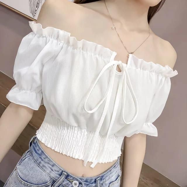 Women's Crepe Solid Off Shoulder Crop Top Roposo Clout