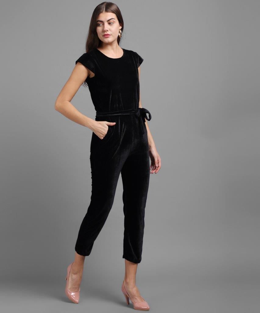Women's Velvet Solid Jumpsuit Roposo Clout