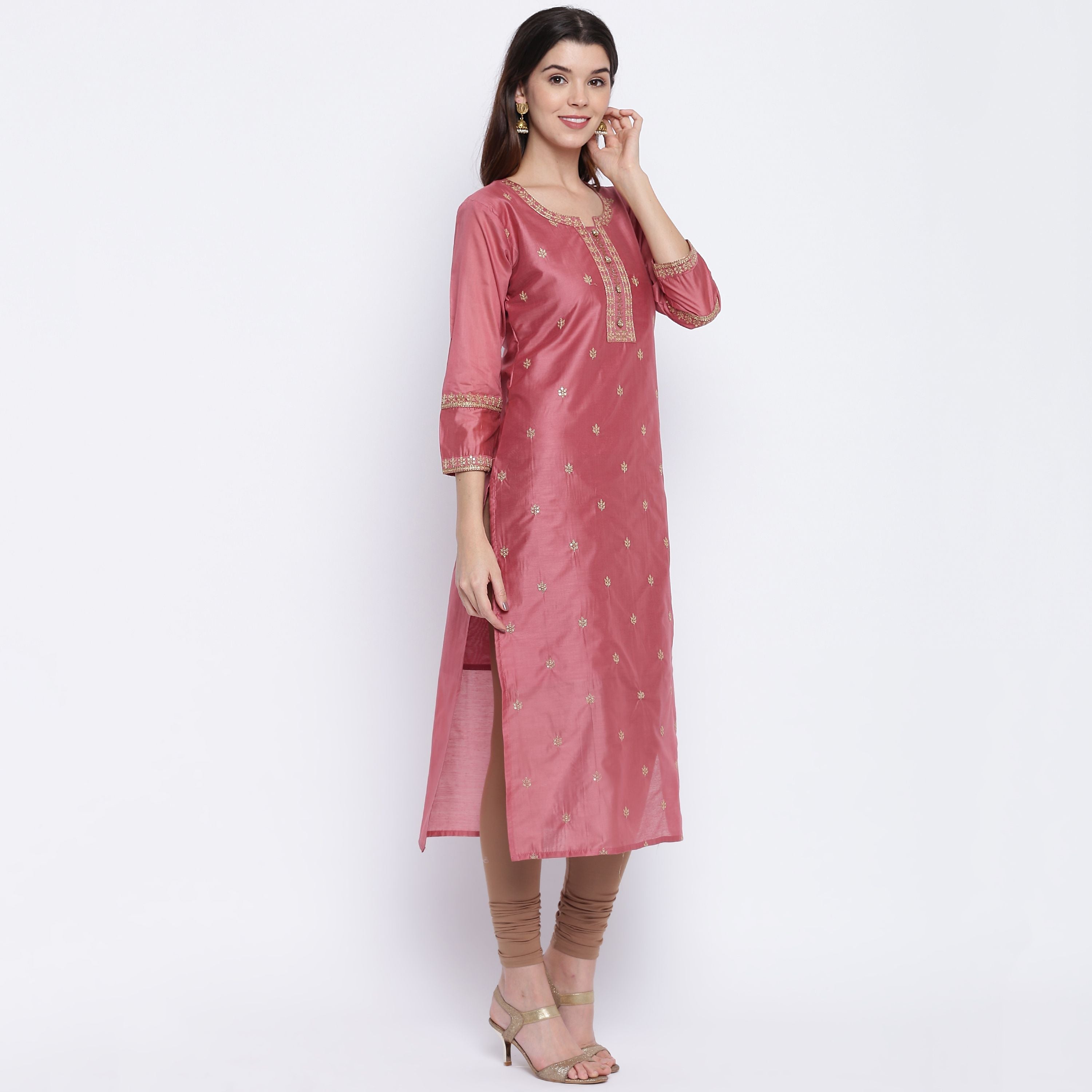 Vbuyz Women's Sequence Work/Hand Work Straight Chanderi Dark Peach Kurta Roposo Clout