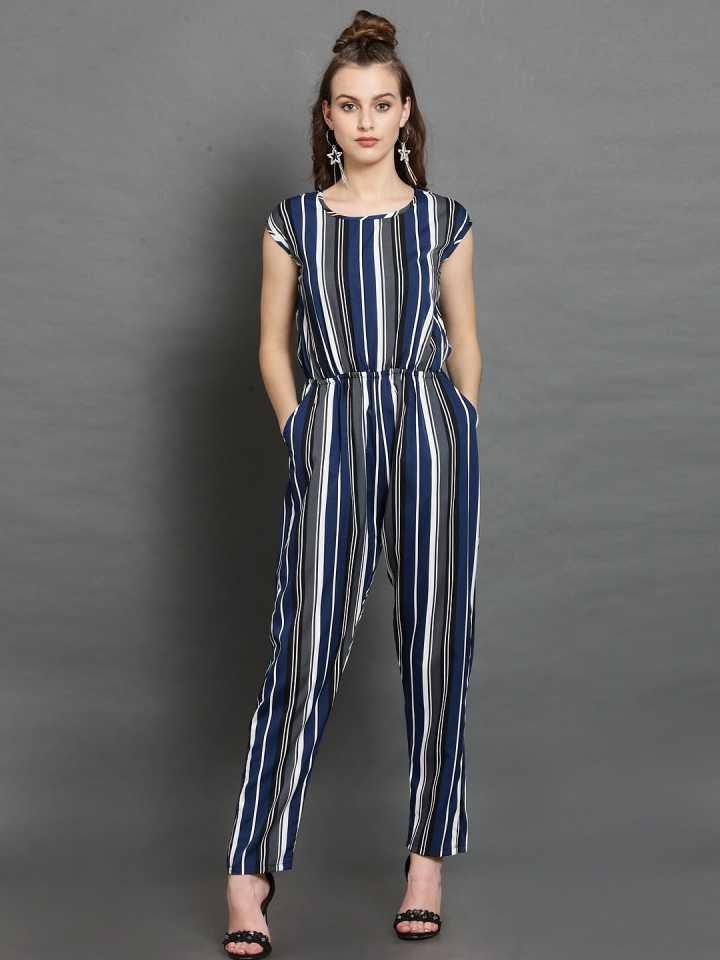 Darzi Women's Crepe Stripe Print Cap Sleeves Jumpsuit Roposo Clout
