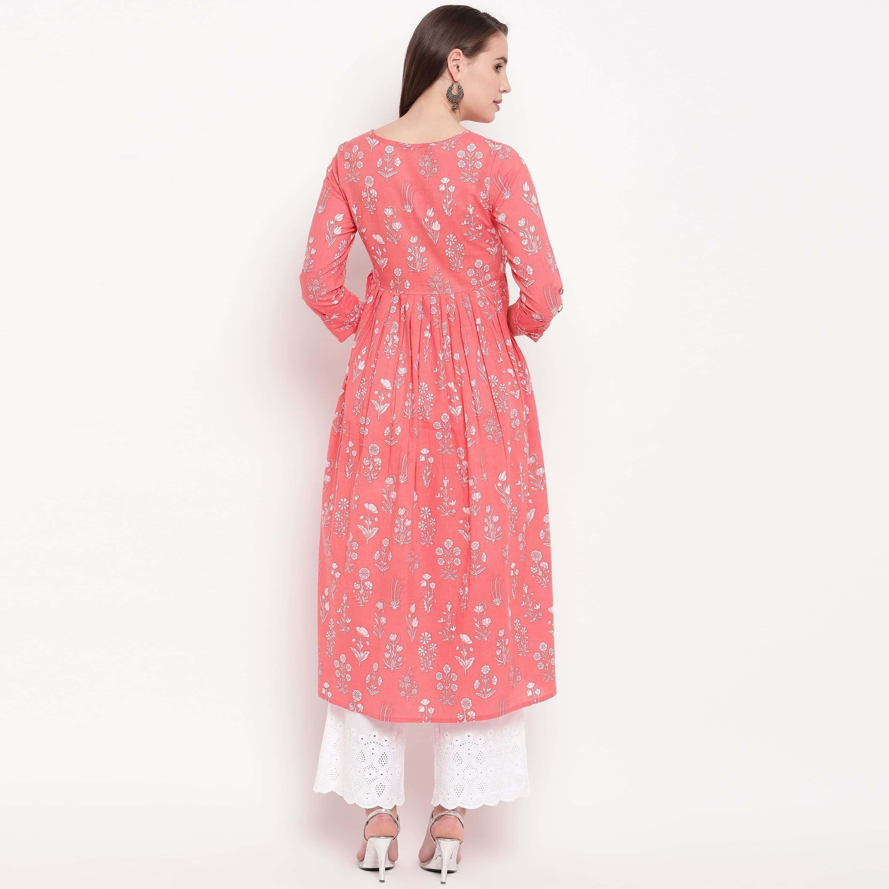 Vbuyz Women's Printed Anarkali Cotton Light Pink Kurta Roposo Clout