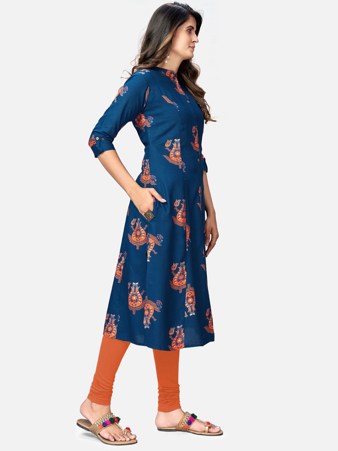 Vbuyz Women's Foil Printed A-Line Rayon Blue Kurta Roposo Clout