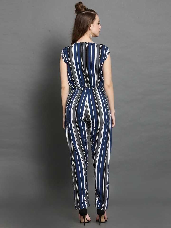 Darzi Women's Crepe Stripe Print Cap Sleeves Jumpsuit Roposo Clout