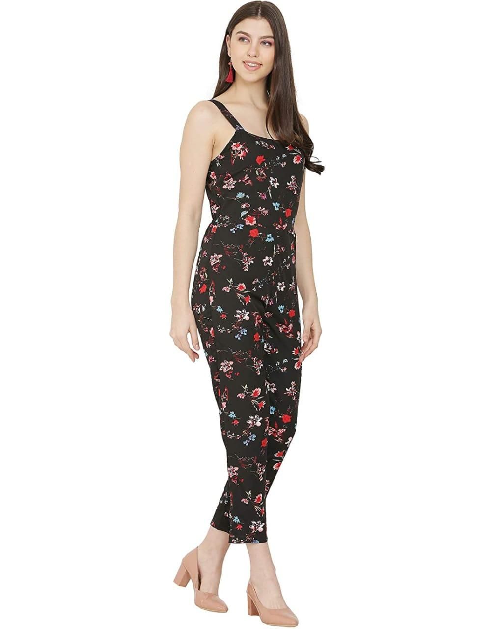 Women's Crepe Floral Print Shoulder Strap Straight Jumpsuit Roposo Clout