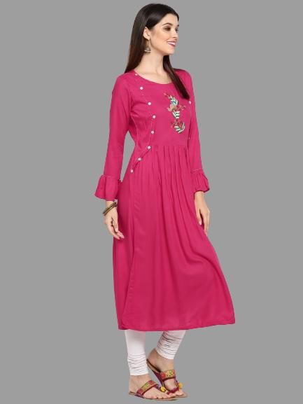 Buys Women's Pink Color Rayon Anarkali Kurta Roposo Clout