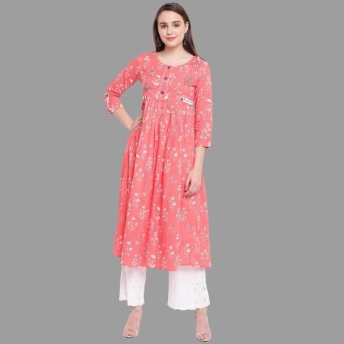 Vbuyz Women's Printed Anarkali Cotton Light Pink Kurta Roposo Clout