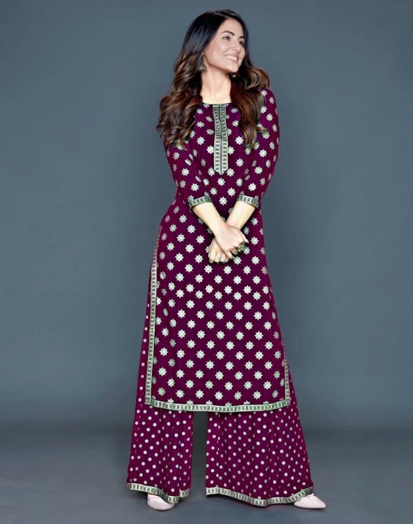 Pretty Printed With Lace Border Rayon Kurti Palazzo Set Roposo Clout