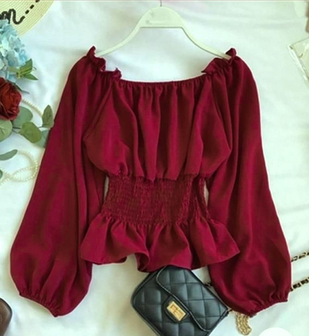 Women's Crepe Solid Drop Waist Off Shoulder Top Roposo Clout