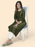 Vbuyz Women's Embroidered Straight Viscose Green Stitched Kurta Roposo Clout