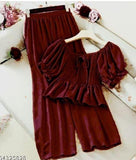 Women's Polyester Solid Puff Sleeves Top & Palazzo Set Roposo Clout